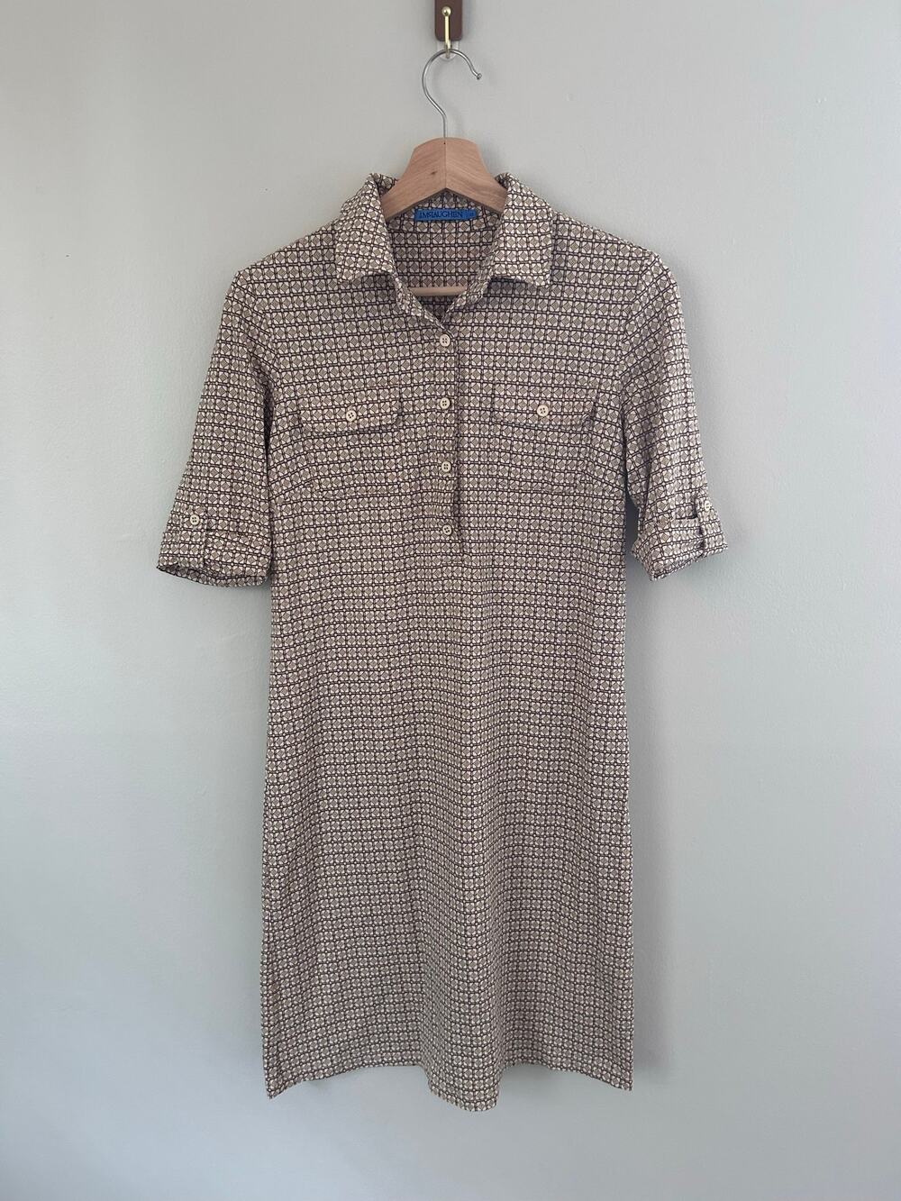 J. McLaughlin Geometric Print Short Sleeve Polo Dress Brown Tan Women's XS